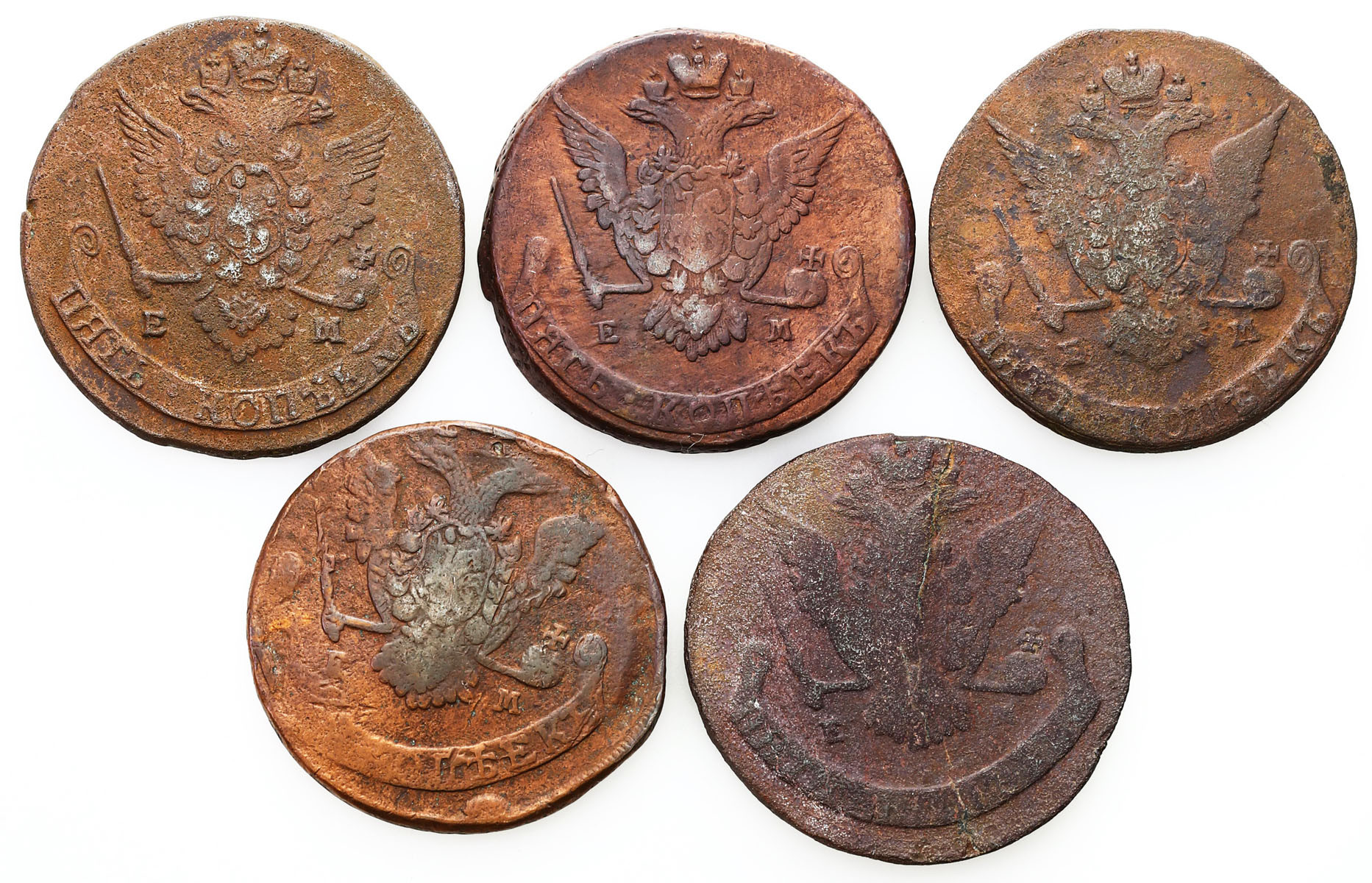 Rosja. Katarzyna II. 5 kopiejek 1773-1778, zestaw 5 monet